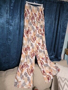 Justify Wide-Leg Tropical Print Pants in Cream, Rust & Mustard